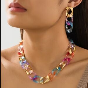 Multicolor Resin & Gold Color Link Necklace and Earrings Set